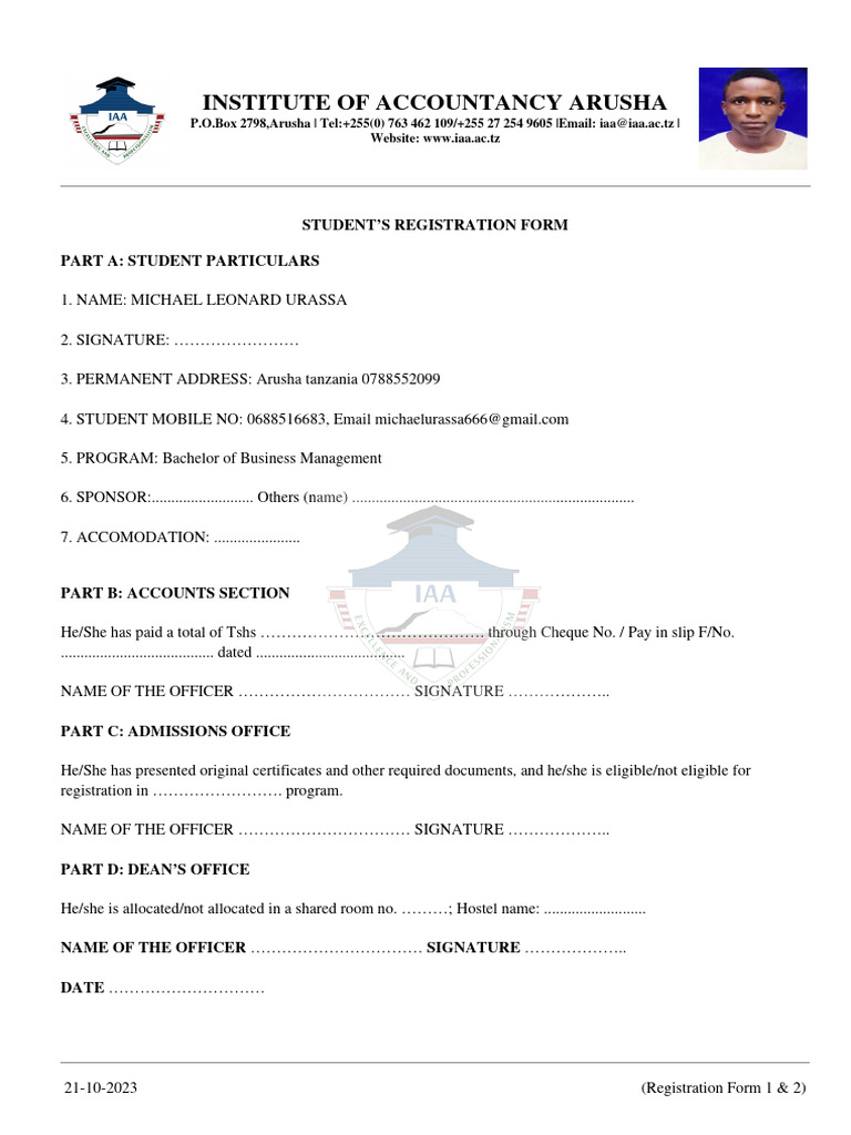 IAA Student Registration Form | PDF