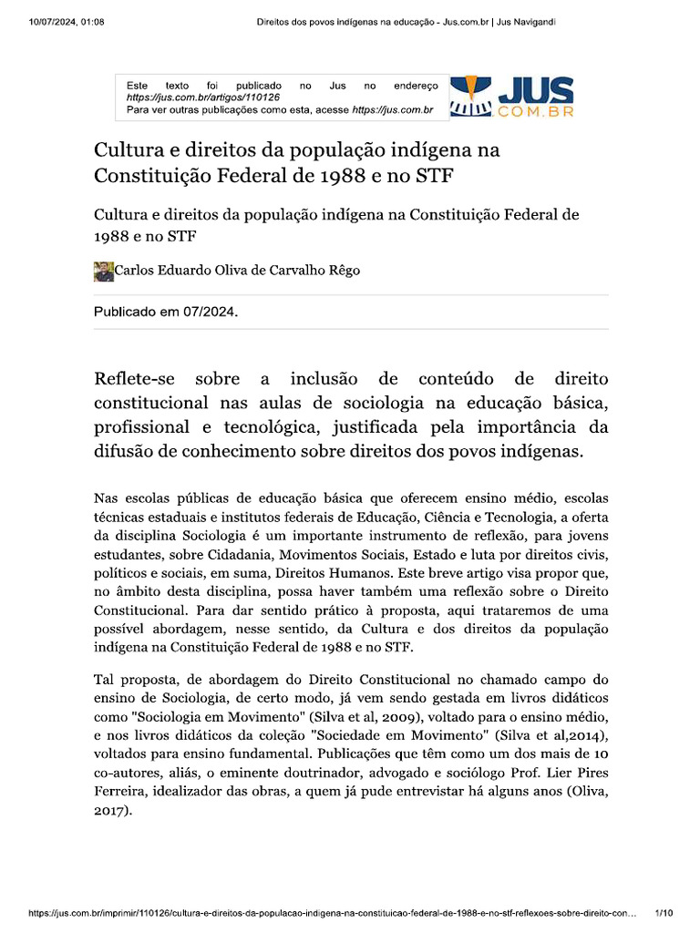 Cultura e Direitos Da População Indígena Na Constituição Federal de ...