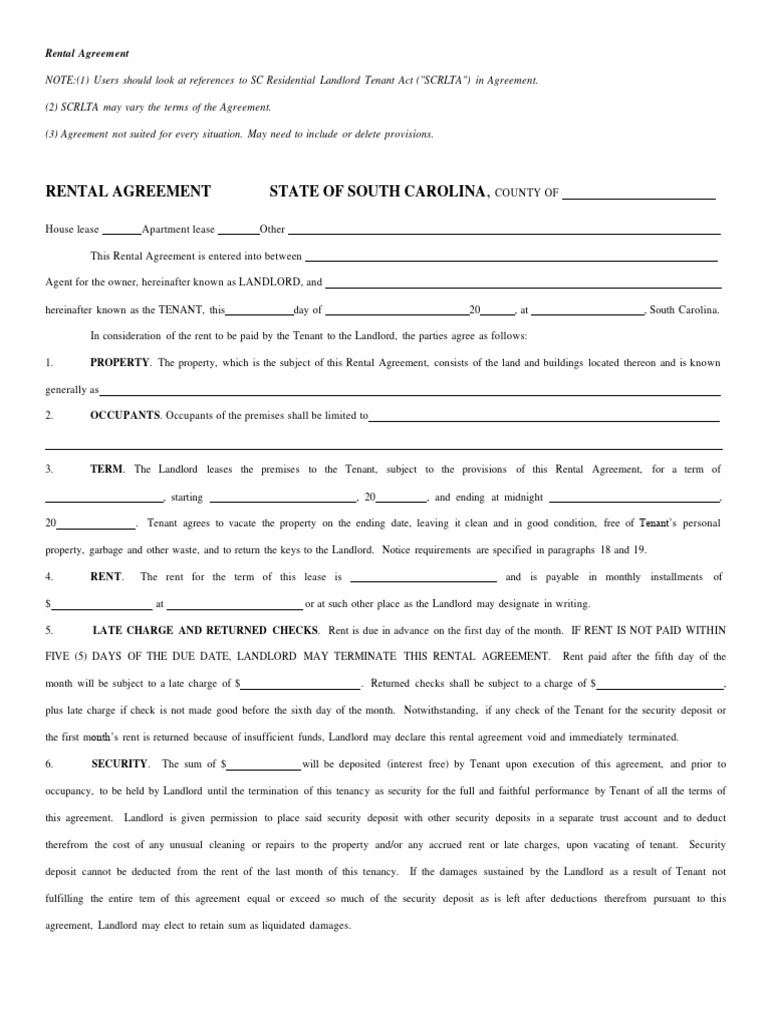 South Carolina Standard Residential Lease Agreement Template PDF