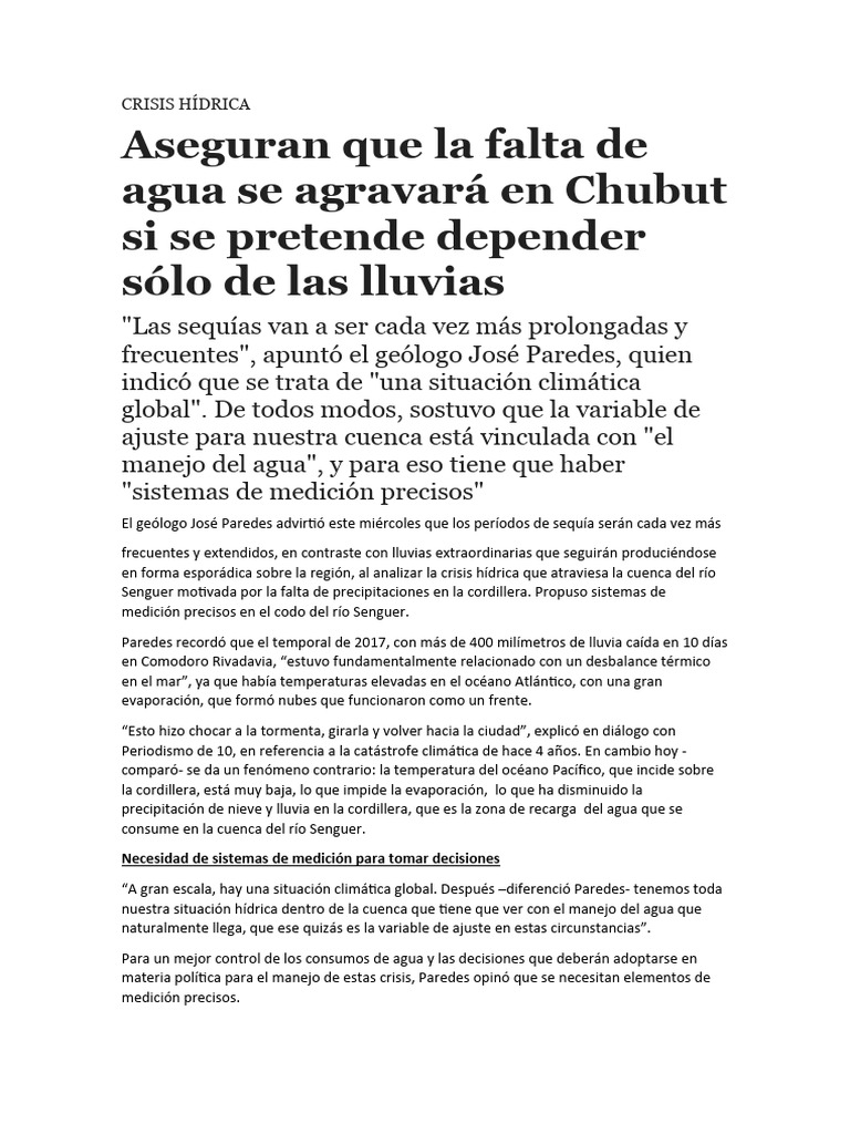 Crisis hídrica en Chubut: sequías y soluciones | PDF | Agua | Riego