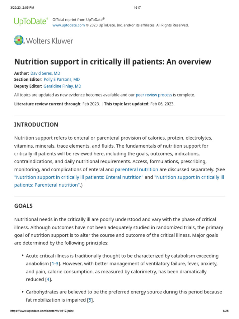 Nutrition Support in Critically Ill Patients An Overview | PDF ...