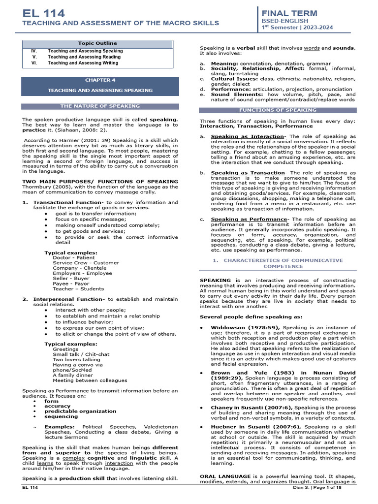 Teaching and Assessing Speaking Skills | PDF | Learning | Second Language