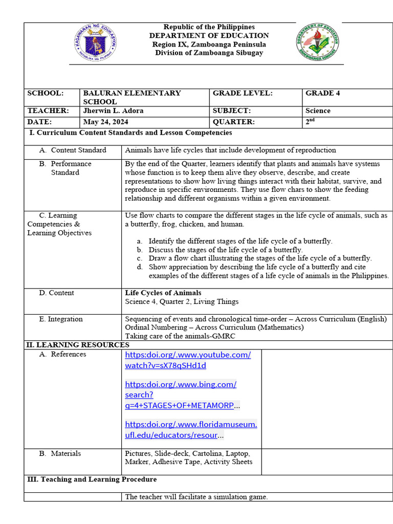 Matatag adora lesson plan science 4 q2 pdf butterfly pupa
