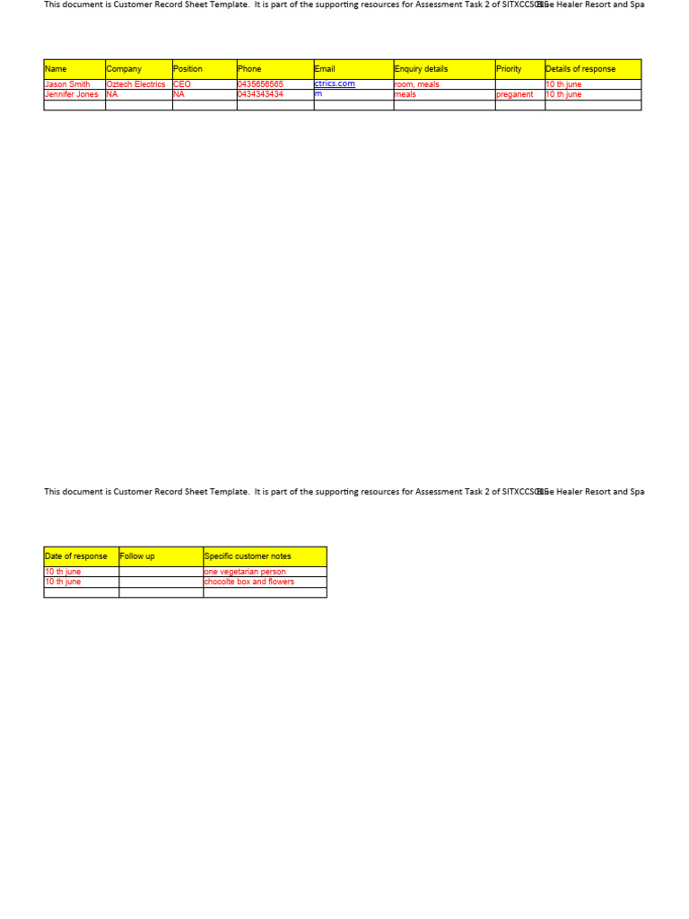 SITXCCS015 Customer Record Sheet Template | PDF
