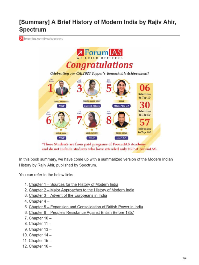Forumias Summary A Brief History Of Modern India By Rajiv Ahir 