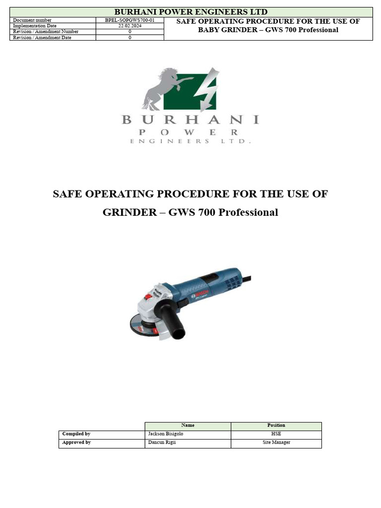 SOP's - Baby Grinder GWS 700 Professional | PDF | Personal Protective ...