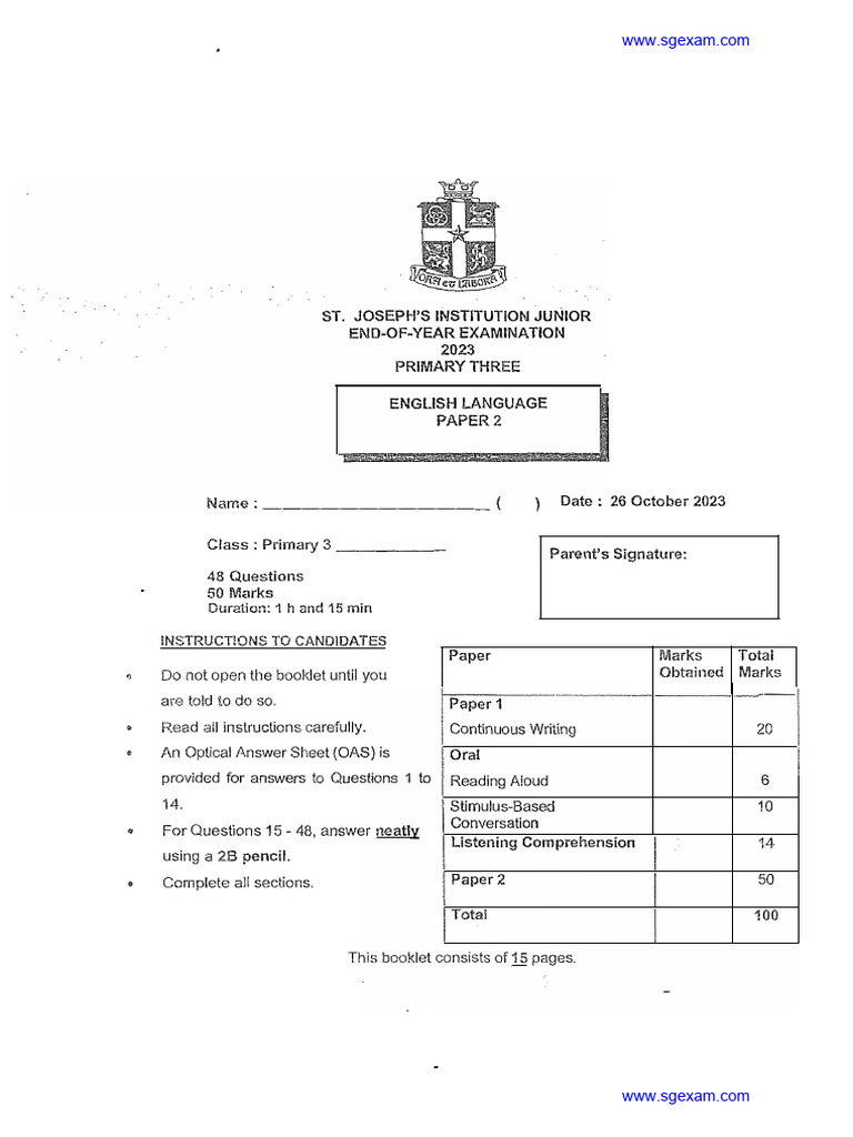 2023 p3 english end of year exam st joseph pdf qualifications tests