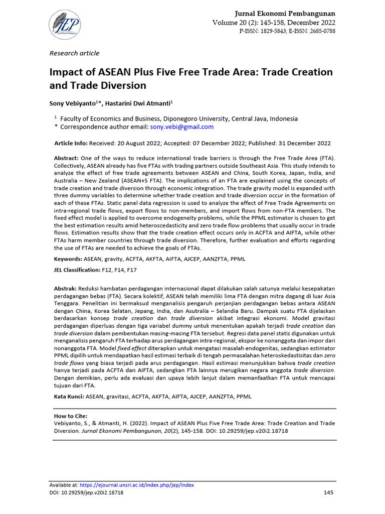ASEAN+5 FTA: Trade Creation vs. Diversion | PDF | Asean Free Trade Area ...