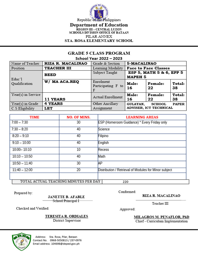 Grade 5 Class Program 2022-2023 Bataan | PDF