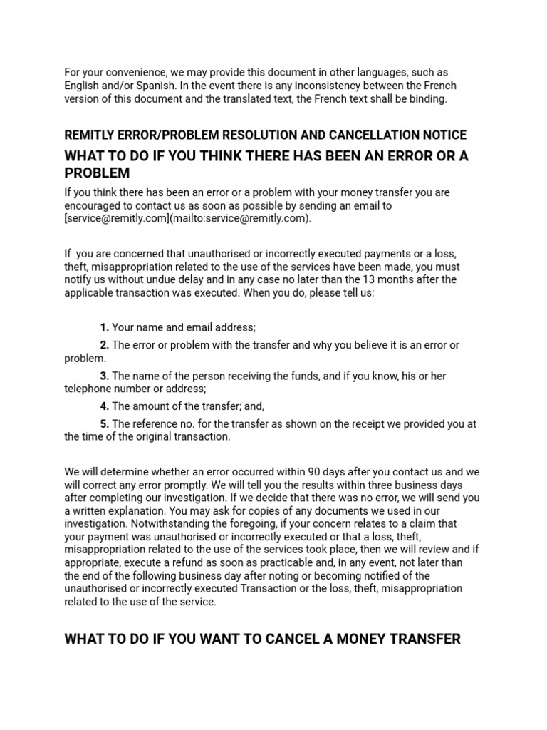 Remitly Error Resolution and Cancellation Guide | PDF