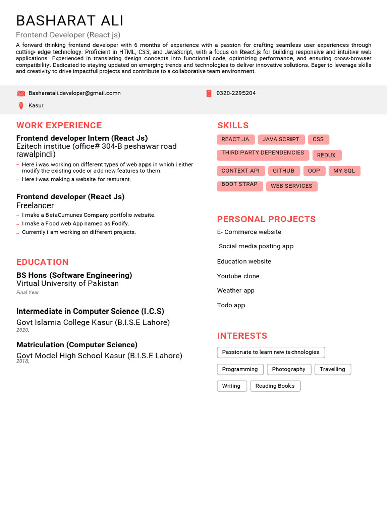 Frontend Developer Profile: Basharat Ali | PDF | Application Software ...