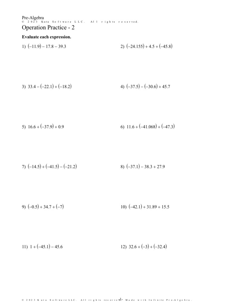 Pre-Algebra Operation Practice Worksheet | PDF