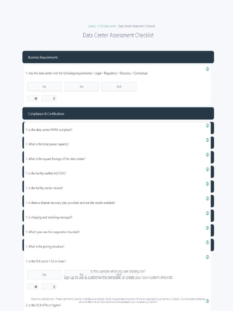 GoAudits - Data Center Assessment Checklist (sample) | PDF