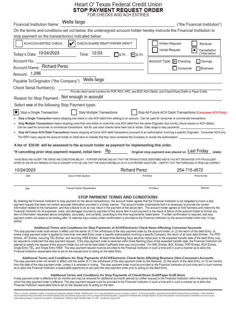 Stop Payment Request Order-Richard Perez | PDF | Cheque | Debit Card