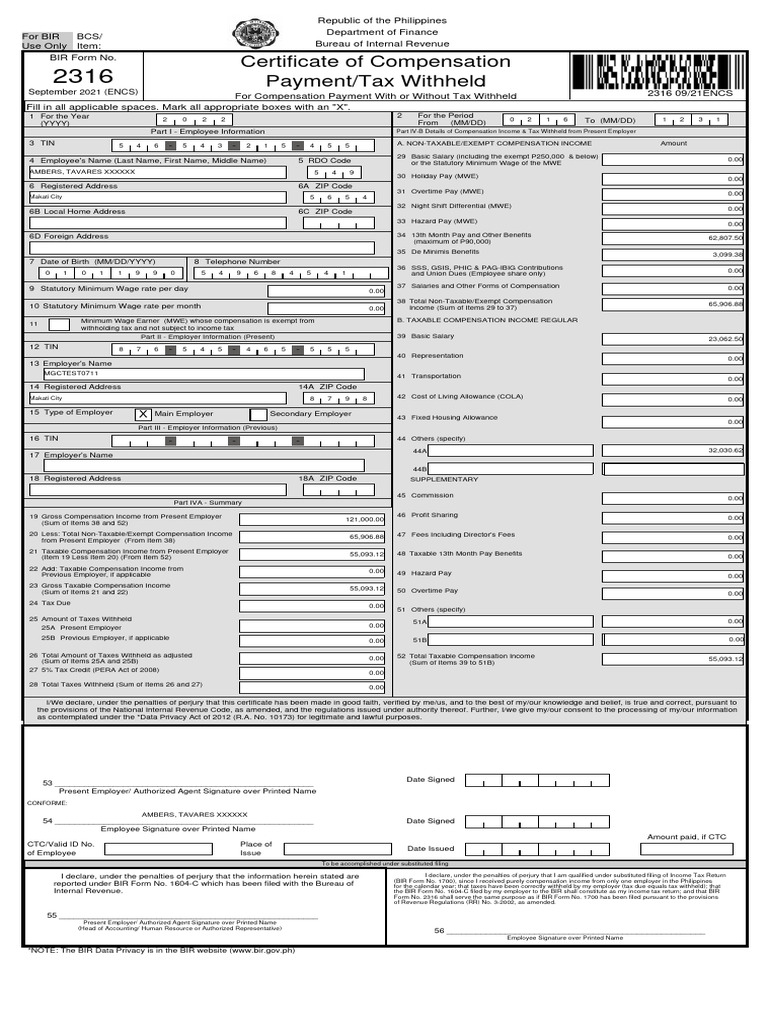 BIR Form 2316: Compensation Certificate | PDF | Cost Of Living | Employment