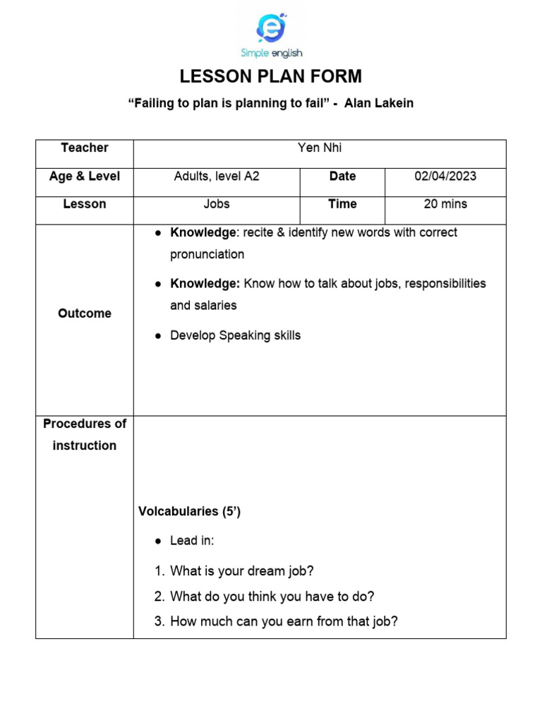 Lesson Plan Form | PDF