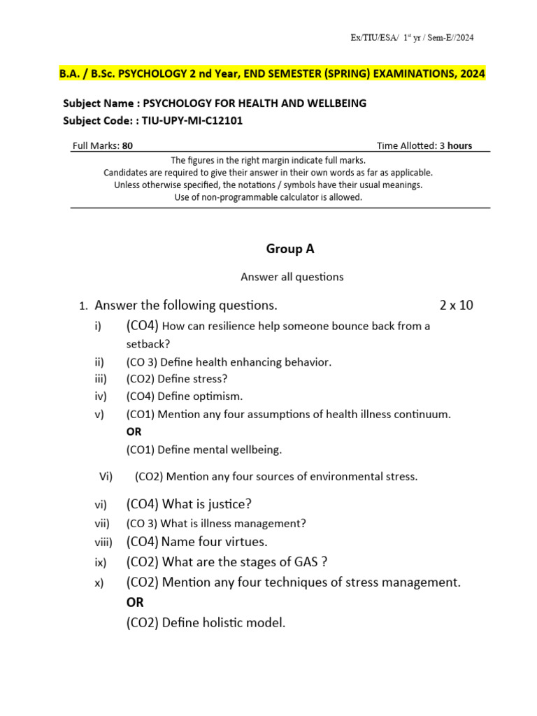 Psychology For Health and Well Being Set 2 | PDF | Well Being ...