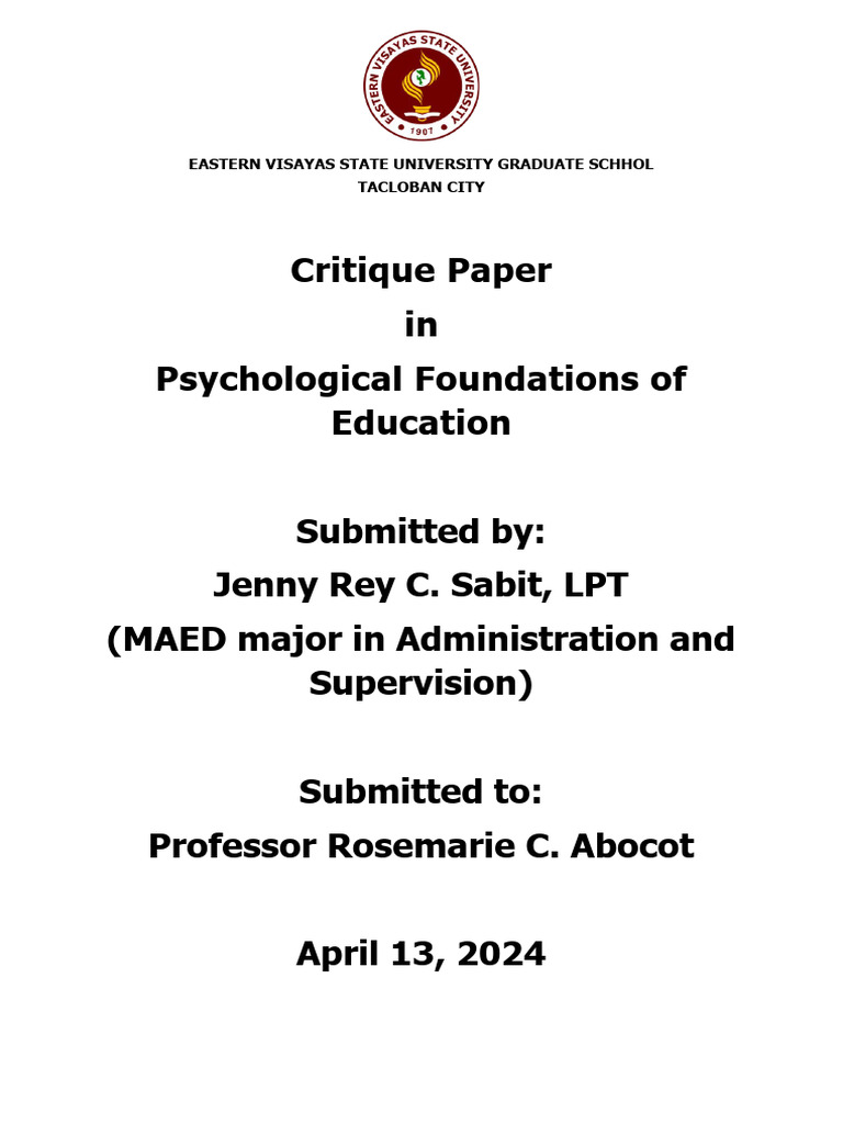 Critique paper psychological foundations of education pdf job