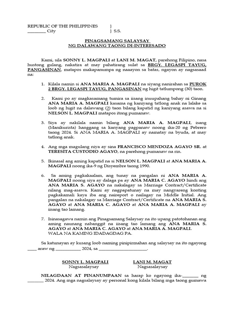 Affidavit of Two Disinterested Persons TAGALOG | PDF
