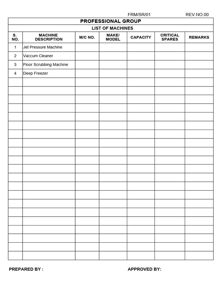 List of Professional Machines and Specs | PDF