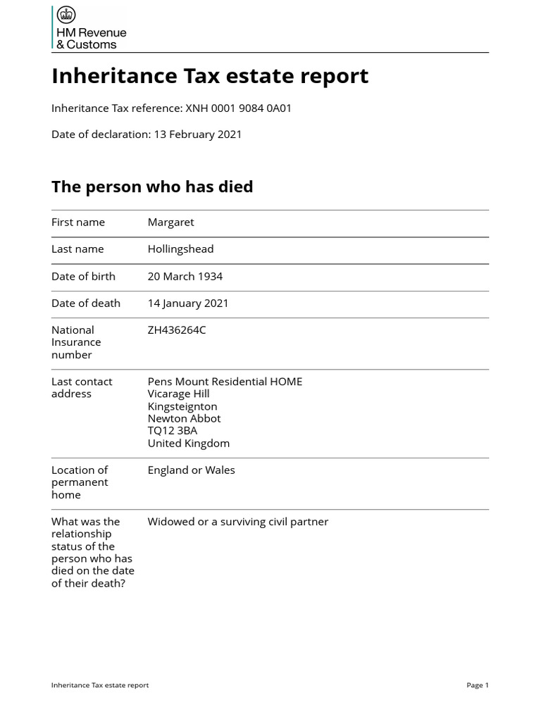 Margaret Hollingshead Inheritance Tax Report | PDF | Private Pension ...