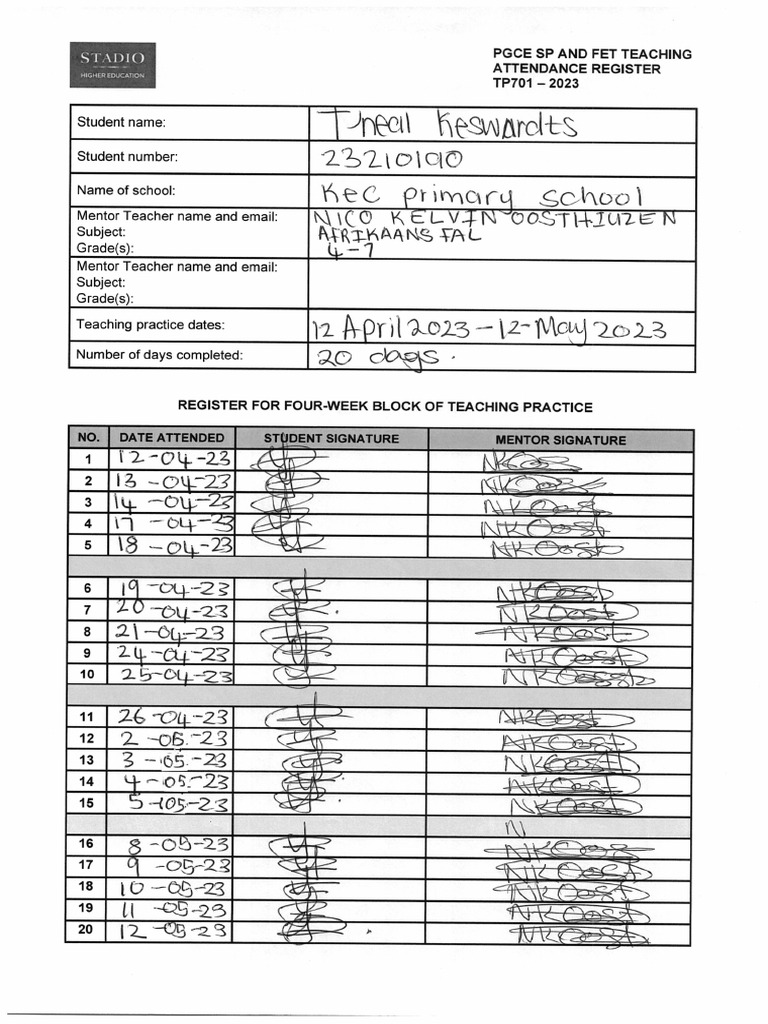 Attendance Register Codes Uk