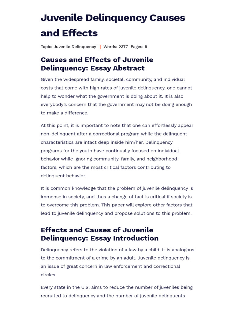 Juvenile Delinquency Causes and Effects - Essay Example | PDF ...