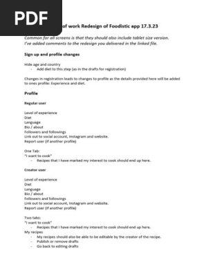 Scope of work Redesign of Foodistic app 17