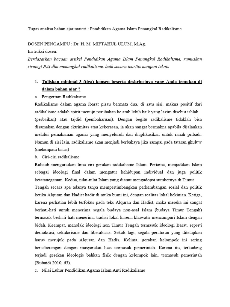 Tugas Analisa Bahan Ajar Materi PAI Penangkal Radikalisme | PDF