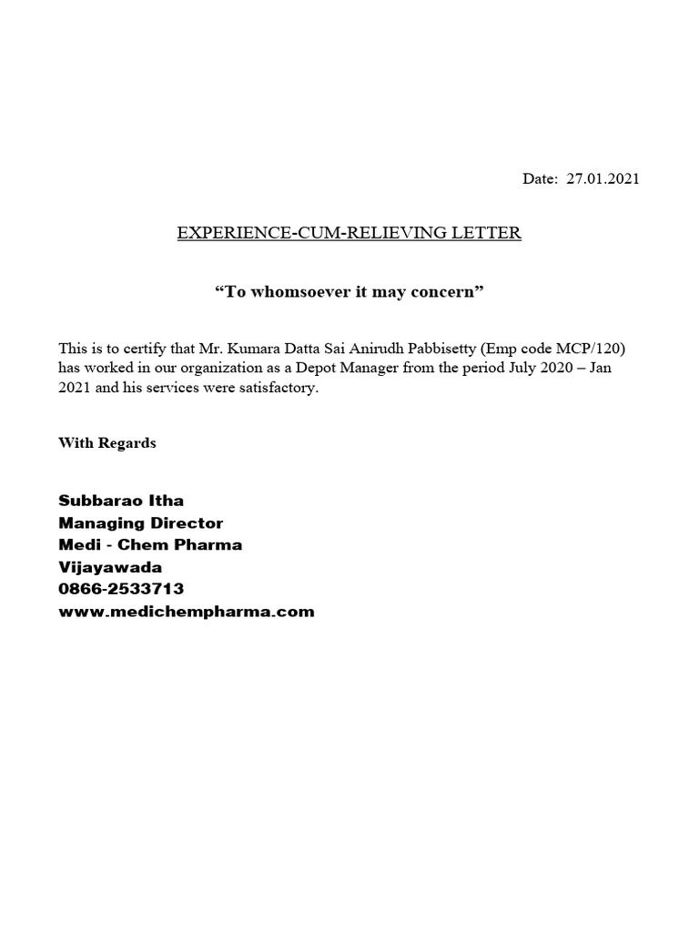 Experiece and Relieving Letters To Resigned Employees | PDF