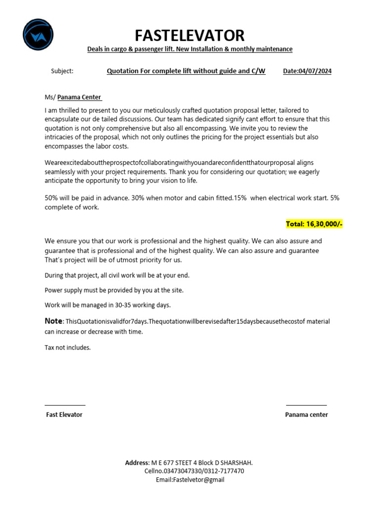 Quotation for Lift Installation Services | PDF | Elevator | Vehicles