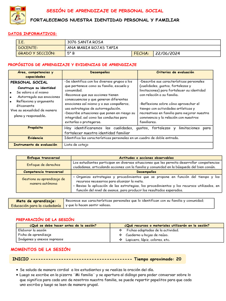 SESION DE PERSONAL SOCIAL | PDF | Evaluación | Aprendizaje