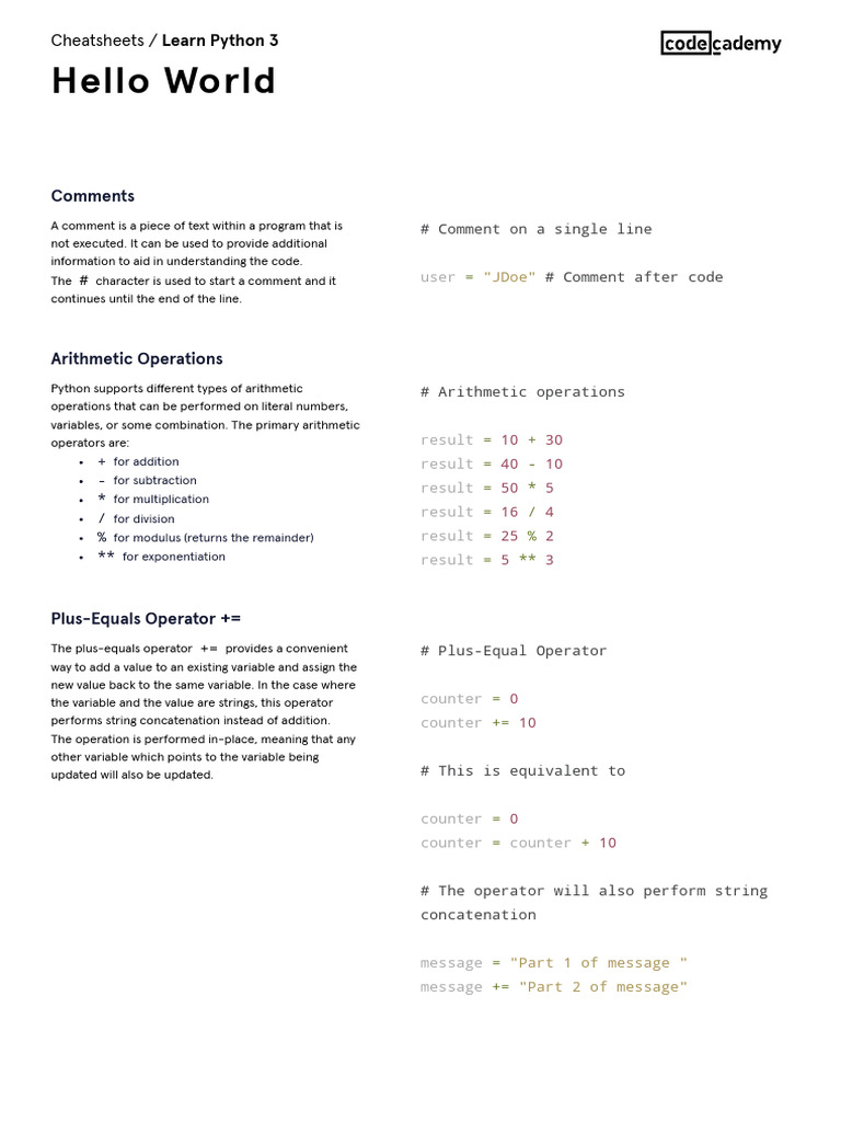 Learn Python 3 - Hello World Cheatsheet - Codecademy | PDF | Parameter ...