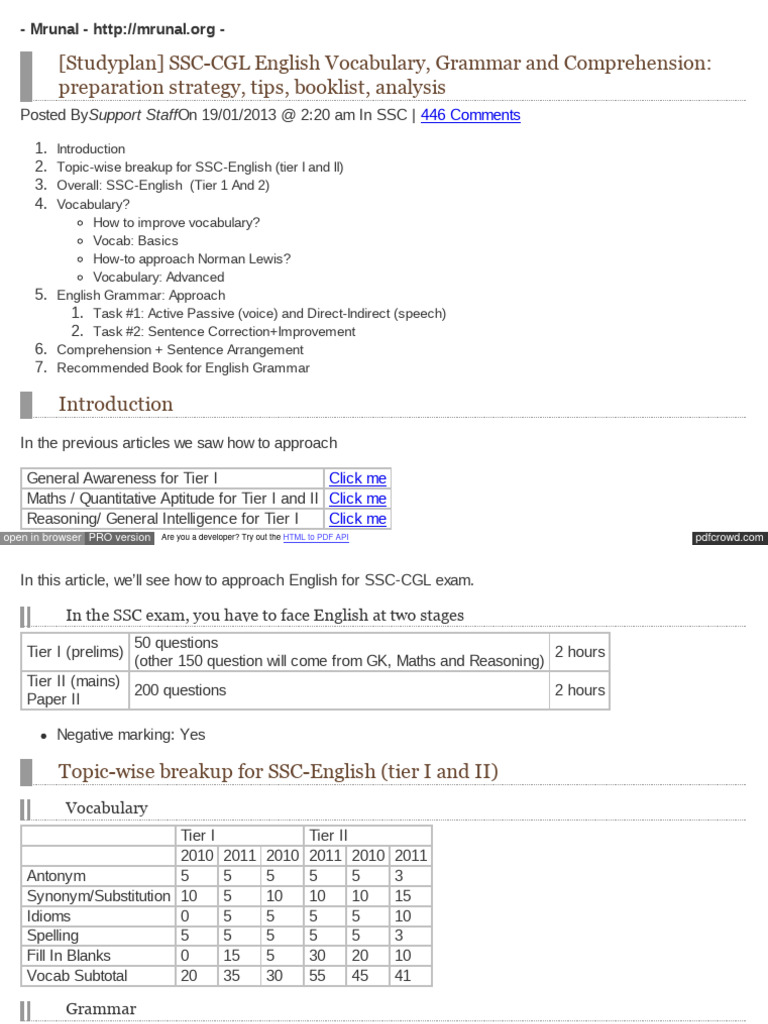 SSC-CGL English Prep: Vocabulary & Grammar | PDF | English Language ...
