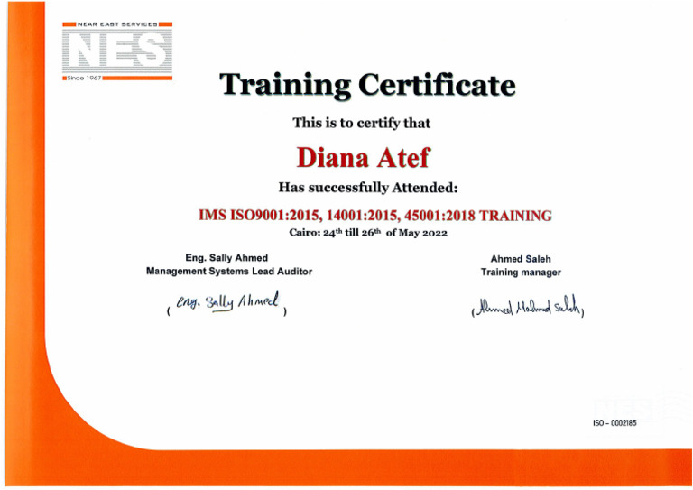 ISO Training Certificate | PDF