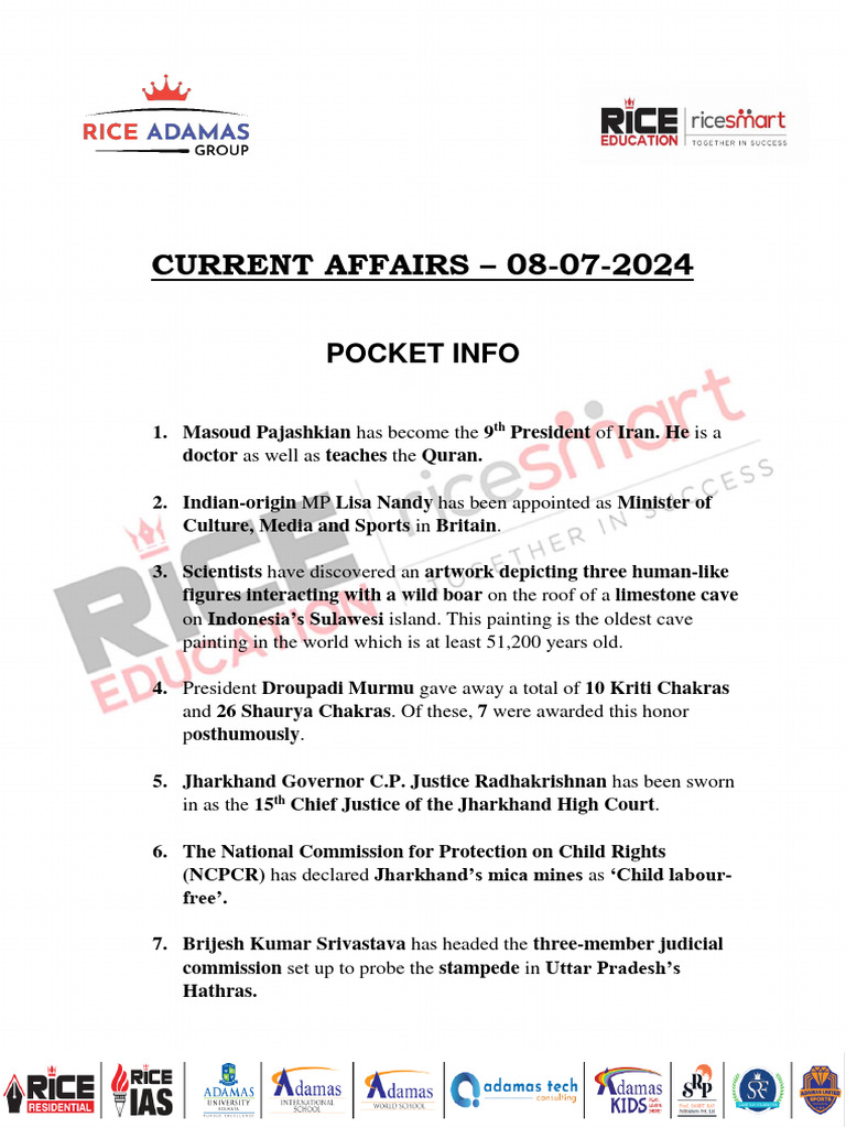 Current Affairs - 08 JULY 2024 | PDF | Moon | Missile