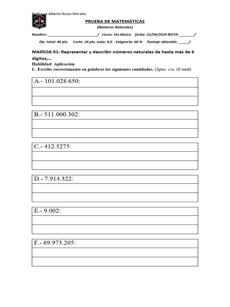 Prueba De Escritura De Cantidades 5to 2024 Pdf