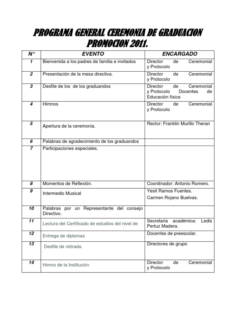 Programa General Ceremonia de Graduacion Preescolar y 
