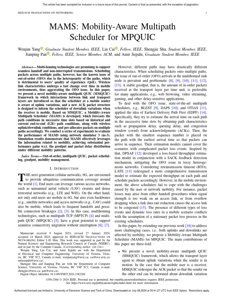 Lin Cai, MAMS Mobility-Aware Multipath Scheduler For MPQUIC | PDF ...