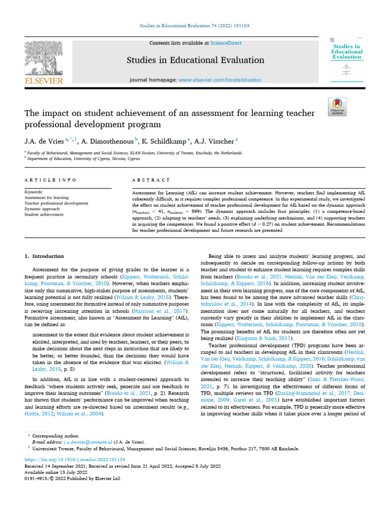 The Impact On Student Achievement Of An Assessment For Learning Teacher