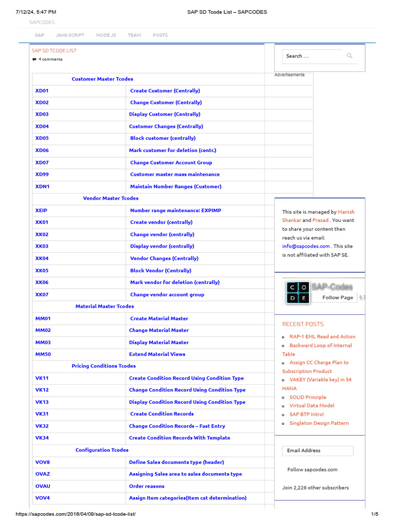 Sap SD Tcode List - Sapcodes | PDF | Computer Programming | Computer ...