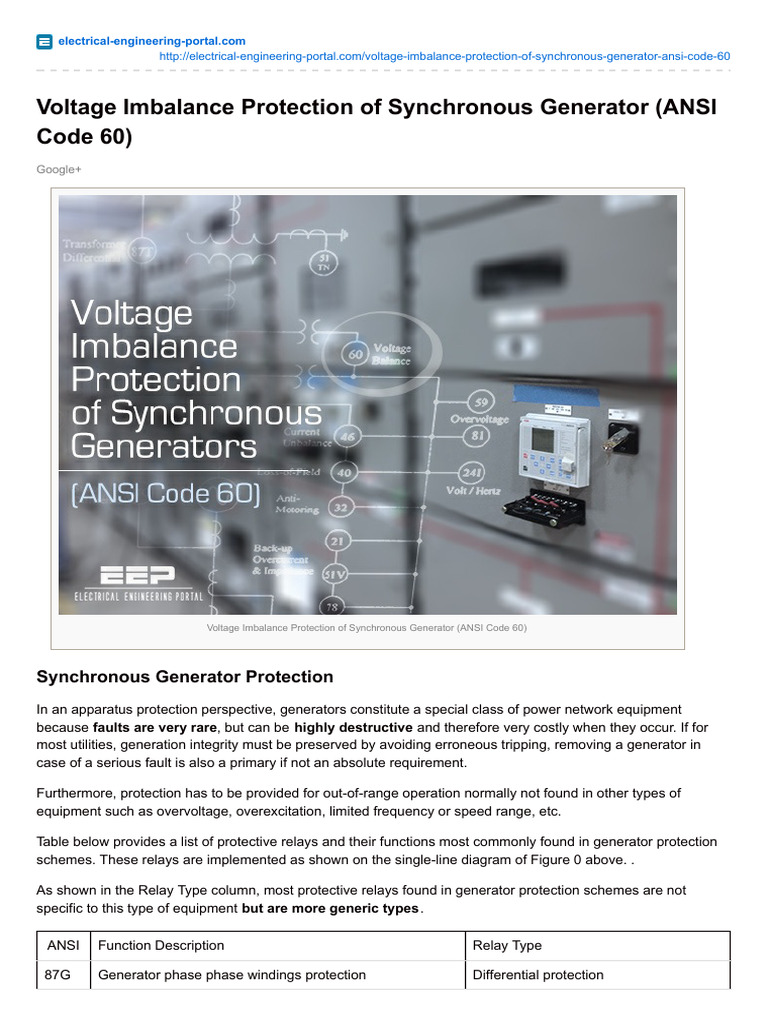Voltage Imbalance Protection of Synchronous Generator ANSI Code 60 ...