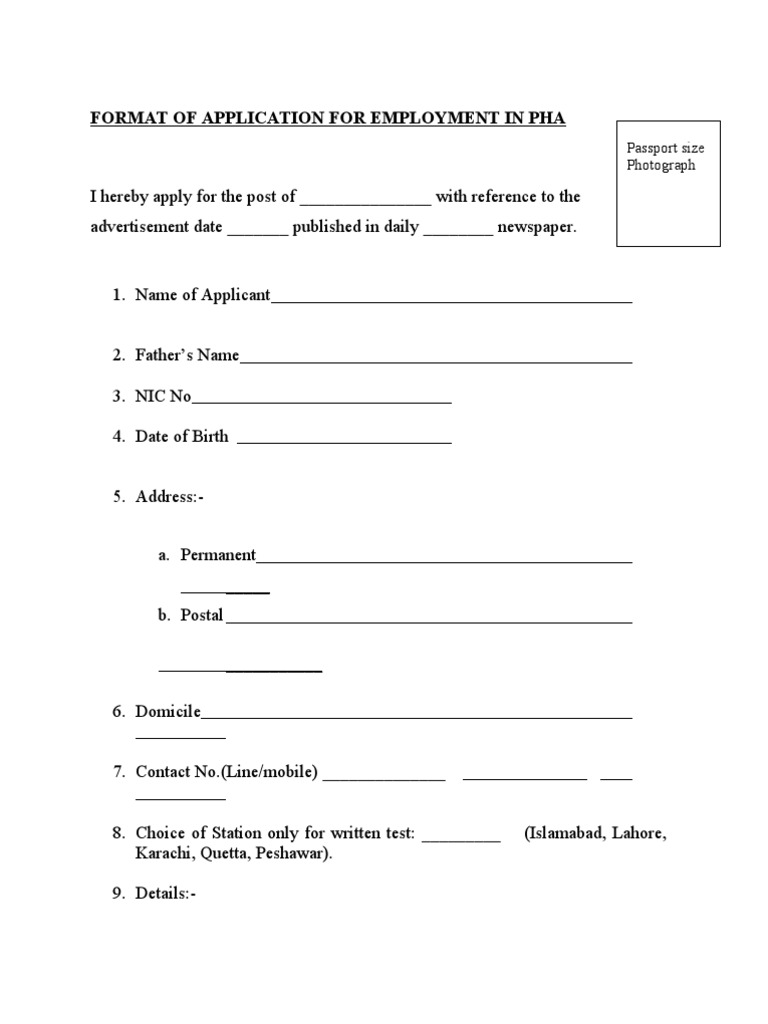 Format of Application For Employment in Pha: Passport Size Photograph ...