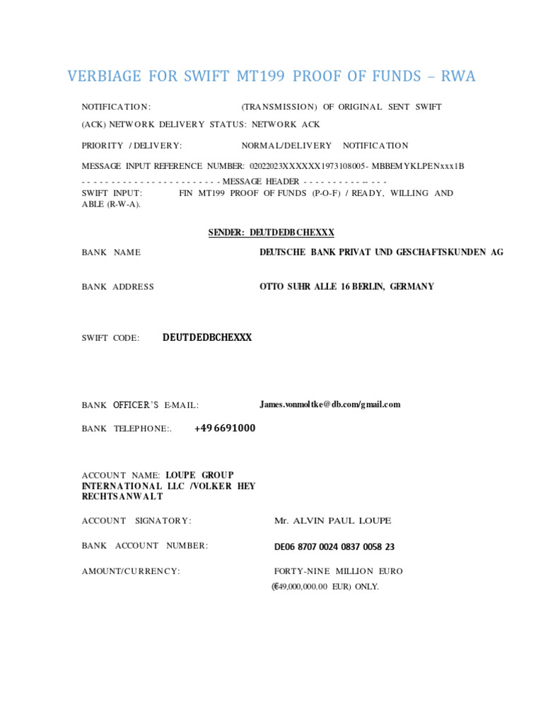 Registered Verbiage For Swift MT199 Rwa | PDF | Euro | Banks