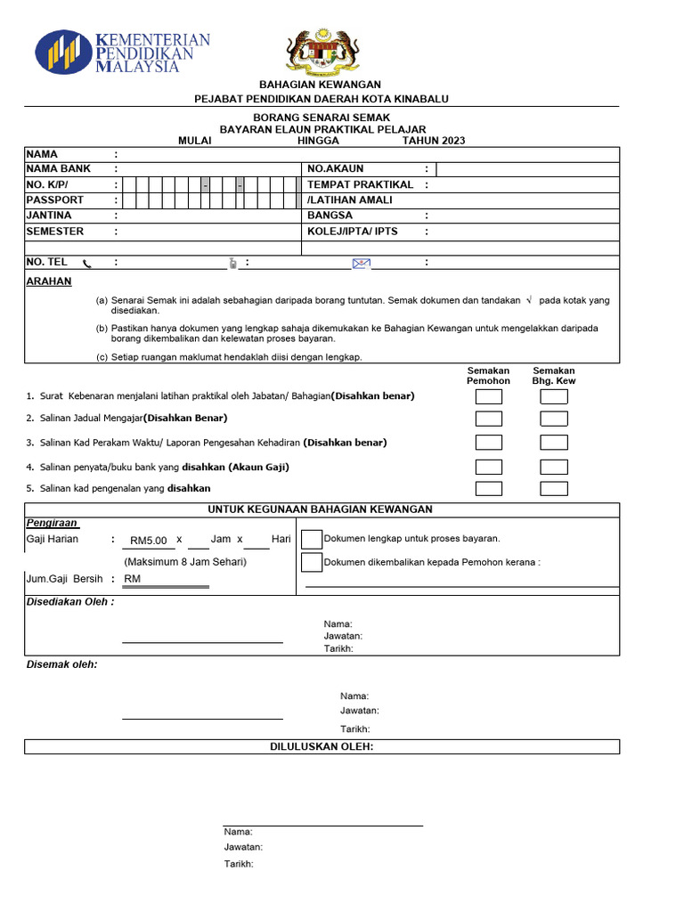 Borang Senarai Semak Tnt Elaun Pelajar | PDF