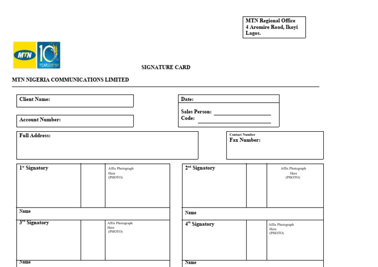 Signatory Card for MTN Nigeria | PDF