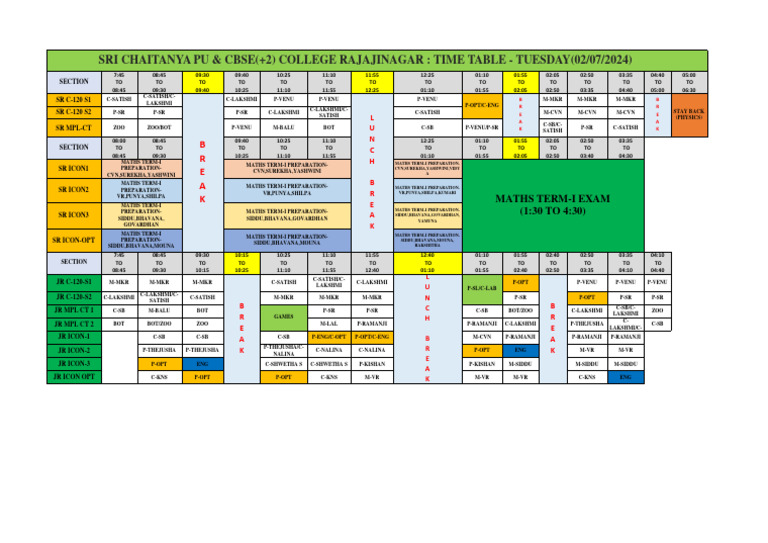 Tuesday Time Table for Maths Prep | PDF