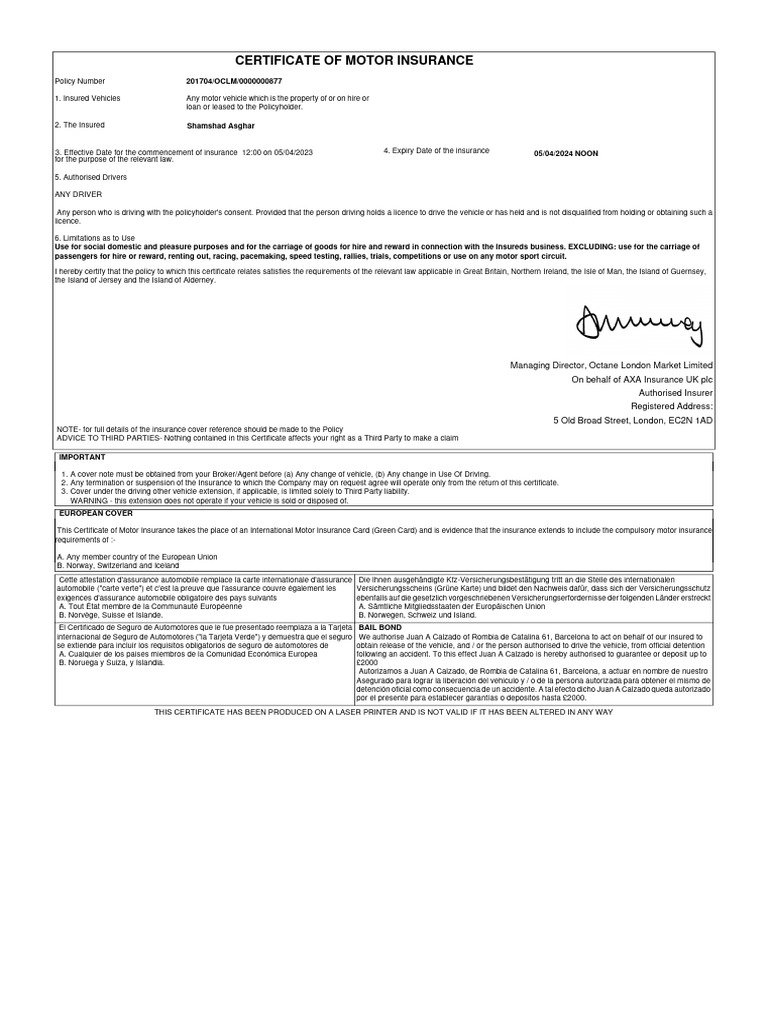 Motor Insurance Certificate Overview | PDF | Insurance | Vehicle Insurance