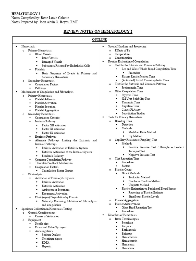 Review Notes On Hematology 2 Pdf Coagulation Platelet