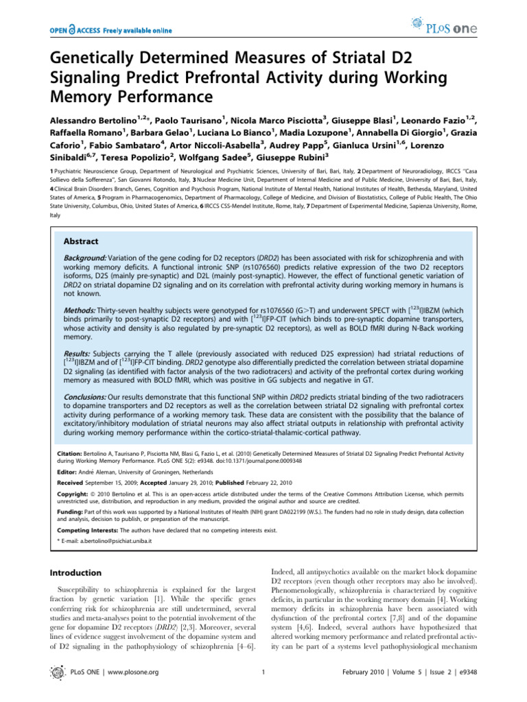 D2 Receptor Genetics and Working Memory | PDF | Dopamine Receptor D2 ...
